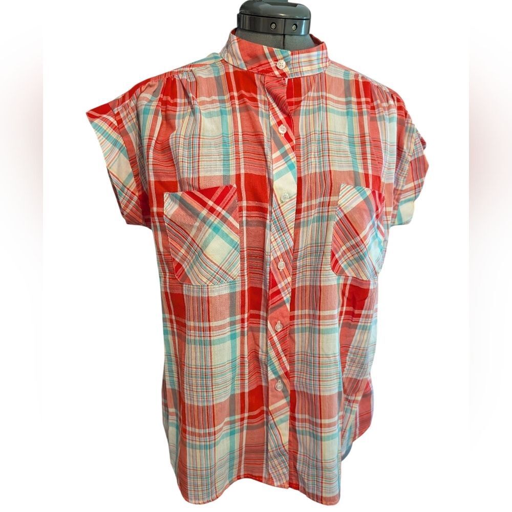 Vintage Women's Red Blue Plaid Button Up Short Sleeve Shirt Top Size 16